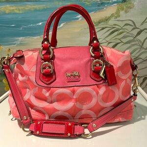 Coach Y2K Madison Sabrina Signature Pink Satchel with Red Patent Leather Trim.